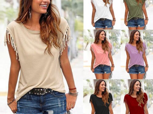 round neck short sleeve tassel T-shirt