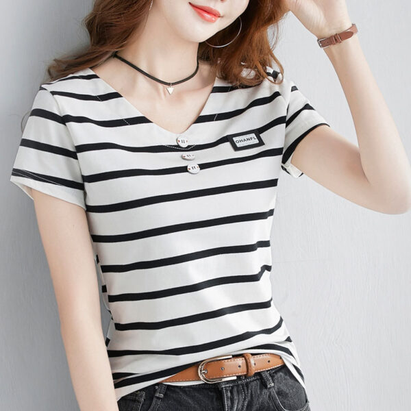 Fashion Striped T-shirt Women's Short-sleeved Pure Cotton Slim Korean Version Of The Wild Half-sleeved T-shirt Personality V-neck Summer Shirt Tide