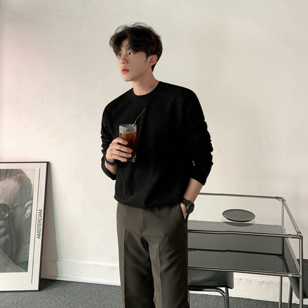 MYQ Long-sleeved T-shirt Men's Round Neck Autumn Korean Style Loose Fashionable Casual Solid Color Cotton T-shirt Base Shirt Top