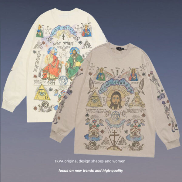American High Street Graffiti Vintage Retro Long Sleeve Bottoming T-shirt Men And Women Vibe Style Hip Hop Fashion Brand Tee