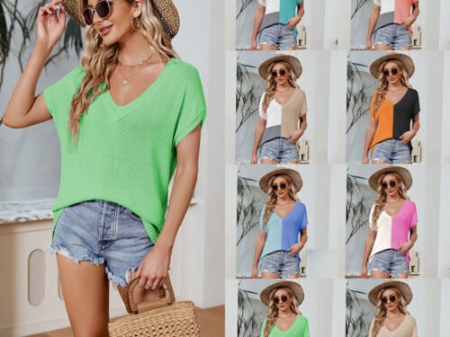 Women's V-neck Color-blocked Cap-sleeve Tops Cross-border European And American Loose Casual Large Size T-shirt