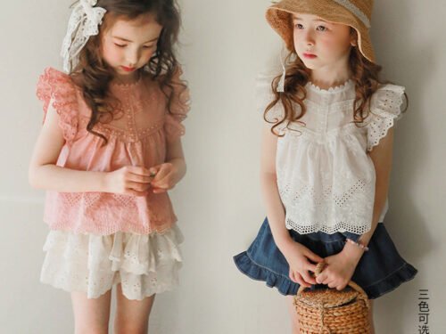 New Children's Girls' Sleeveless Hollow-out Flying Sleeve Strawberry Shirt T-shirt