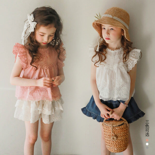 New Children's Girls' Sleeveless Hollow-out Flying Sleeve Strawberry Shirt T-shirt