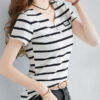 Fashion Striped T-shirt Women's Short-sleeved Pure Cotton Slim Korean Version Of The Wild Half-sleeved T-shirt Personality V-neck Summer Shirt Tide