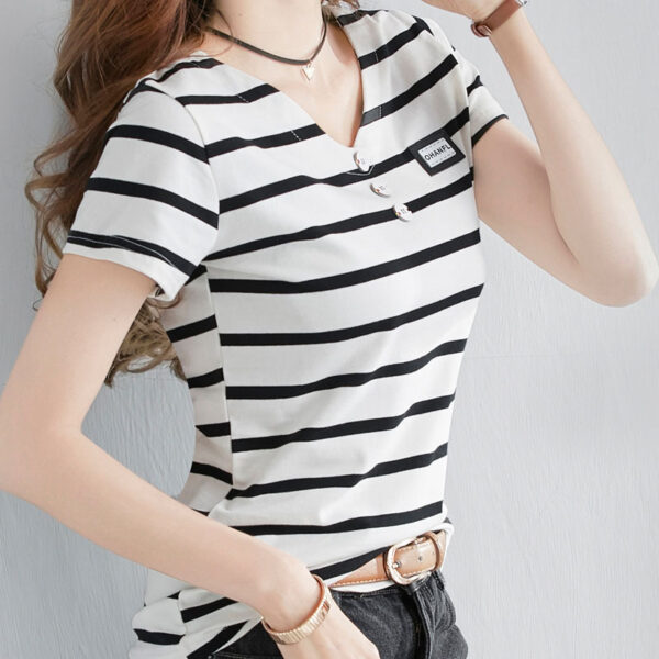 Fashion Striped T-shirt Women's Short-sleeved Pure Cotton Slim Korean Version Of The Wild Half-sleeved T-shirt Personality V-neck Summer Shirt Tide