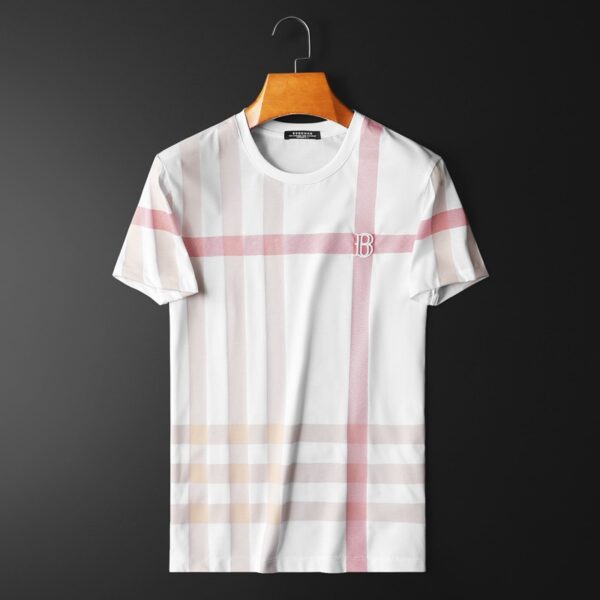 Summer Men's Slim Fit Opapolitan Plaid Embroidery Round Neck Mercerized Cotton Plaid Large Size Short Sleeve T-Shirt Men