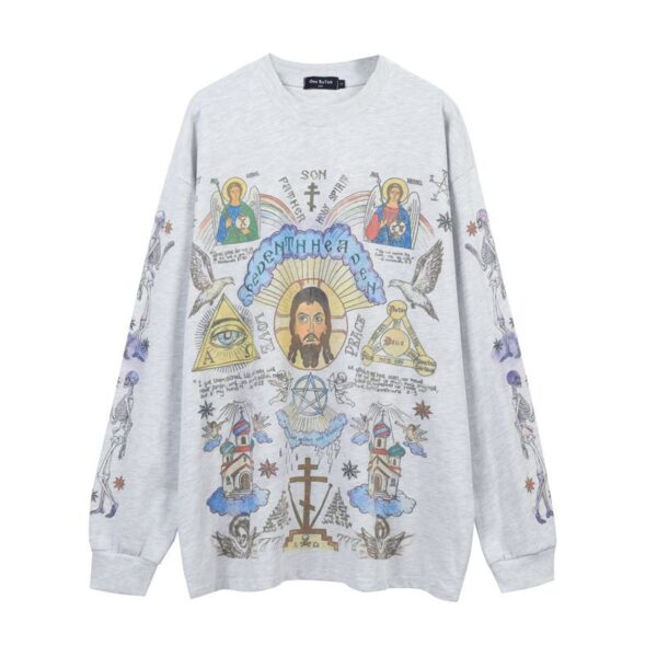 American High Street Graffiti Vintage Retro Long Sleeve Bottoming T-shirt Men And Women Vibe Style Hip Hop Fashion Brand Tee