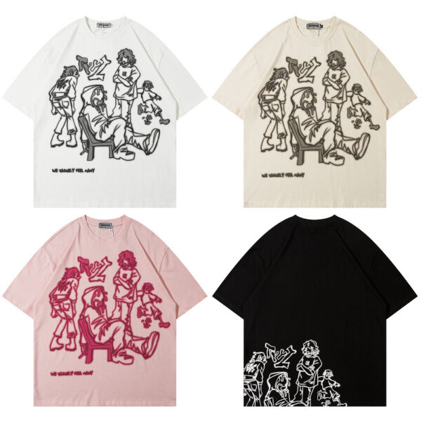 Original National Fashion Hip Hop Niche Personality Graffiti Couple Short-sleeved T-shirt For Men And Women Street Retro Loose Half-sleeved T-shirt