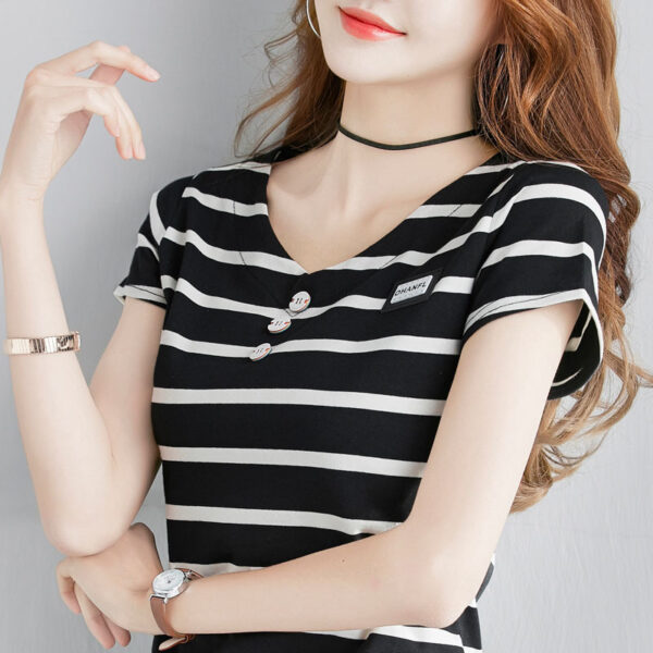 Fashion Striped T-shirt Women's Short-sleeved Pure Cotton Slim Korean Version Of The Wild Half-sleeved T-shirt Personality V-neck Summer Shirt Tide