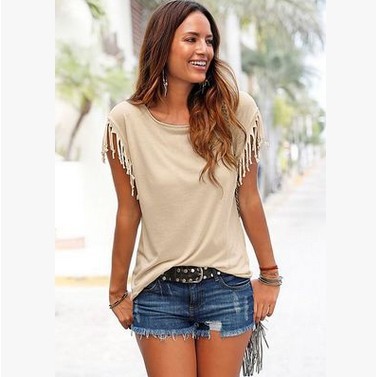 round neck short sleeve tassel T-shirt