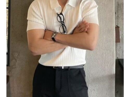 Summer Ice Silk Men's Lapel POLO Short-sleeved T-shirt Thin Shirt Fashionable V-neck Striped Knitted Bottoming Shirt Men