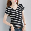Fashion Striped T-shirt Women's Short-sleeved Pure Cotton Slim Korean Version Of The Wild Half-sleeved T-shirt Personality V-neck Summer Shirt Tide