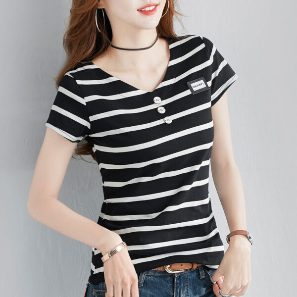 Fashion Striped T-shirt Women's Short-sleeved Pure Cotton Slim Korean Version Of The Wild Half-sleeved T-shirt Personality V-neck Summer Shirt Tide