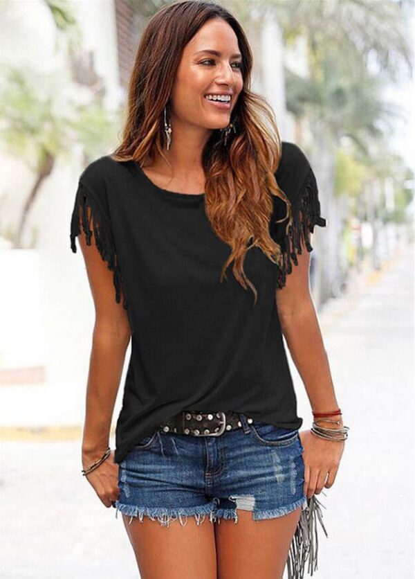 round neck short sleeve tassel T-shirt