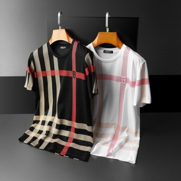 Summer Men's Slim Fit Opapolitan Plaid Embroidery Round Neck Mercerized Cotton Plaid Large Size Short Sleeve T-Shirt Men
