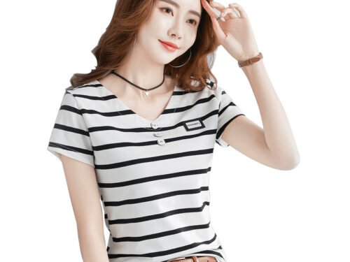 Fashion Striped T-shirt Women's Short-sleeved Pure Cotton Slim Korean Version Of The Wild Half-sleeved T-shirt Personality V-neck Summer Shirt Tide