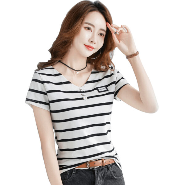 Fashion Striped T-shirt Women's Short-sleeved Pure Cotton Slim Korean Version Of The Wild Half-sleeved T-shirt Personality V-neck Summer Shirt Tide