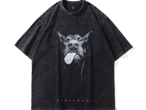 Doberman Printed Washing Water Vintage Vintage High Street Trendy Brand Loose Round Neck Short Sleeve T-shirt For Men And Women Street