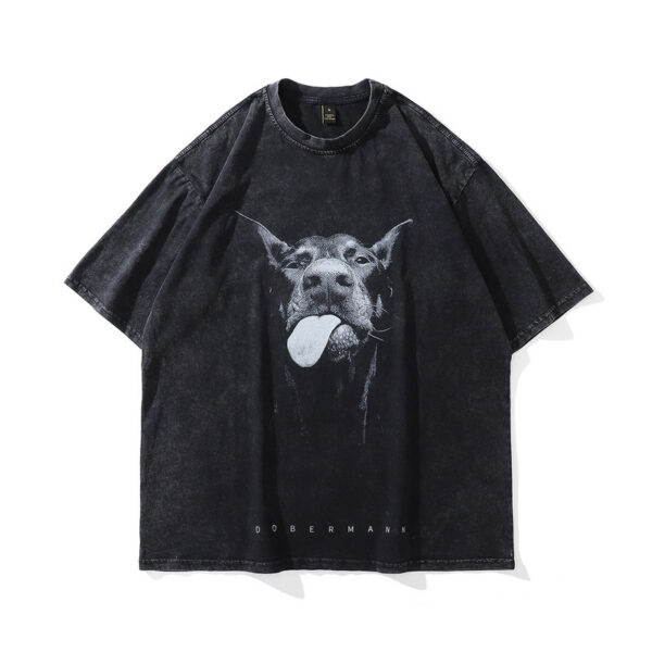 Doberman Printed Washing Water Vintage Vintage High Street Trendy Brand Loose Round Neck Short Sleeve T-shirt For Men And Women Street