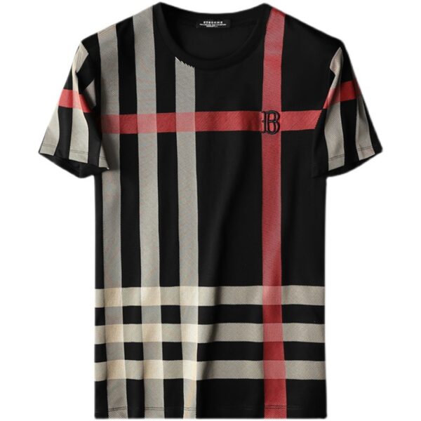 Summer Men's Slim Fit Opapolitan Plaid Embroidery Round Neck Mercerized Cotton Plaid Large Size Short Sleeve T-Shirt Men