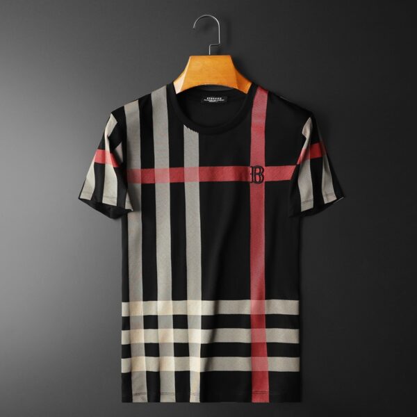 Summer Men's Slim Fit Opapolitan Plaid Embroidery Round Neck Mercerized Cotton Plaid Large Size Short Sleeve T-Shirt Men