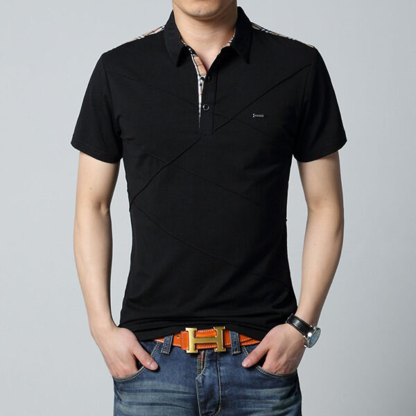 611441742589_1169261604 Cross-border Fertilizer Increase Fashion Casual Men's Casual T-shirt Plaid Stitching Lapel Short-sleeved T-shirt Men's Summer Thin