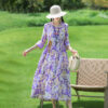 Cotton And Linen Floral Collar Loose Waist Slimming Look Mid-Sleeve Mid-Length Dress