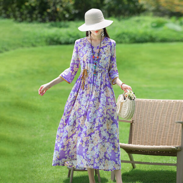 Cotton And Linen Floral Collar Loose Waist Slimming Look Mid-Sleeve Mid-Length Dress