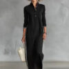 Cotton blend fabric Simple Button Collar Long-Sleeved Long Dress