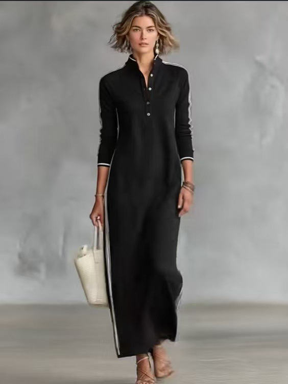 Cotton blend fabric Simple Button Collar Long-Sleeved Long Dress