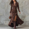 Suede Fabric Slim-Fit Zipper Stand-Up Collar Slit Long Dress