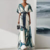 Polyester Digital Printing Thin Rope Short-Sleeved Dress Long Skirt