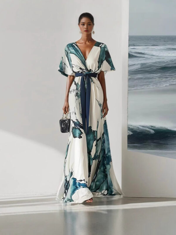 Polyester Digital Printing Thin Rope Short-Sleeved Dress Long Skirt