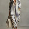 Polyester Fashion Loose V-neck Long Striped Summer Shirt Dress