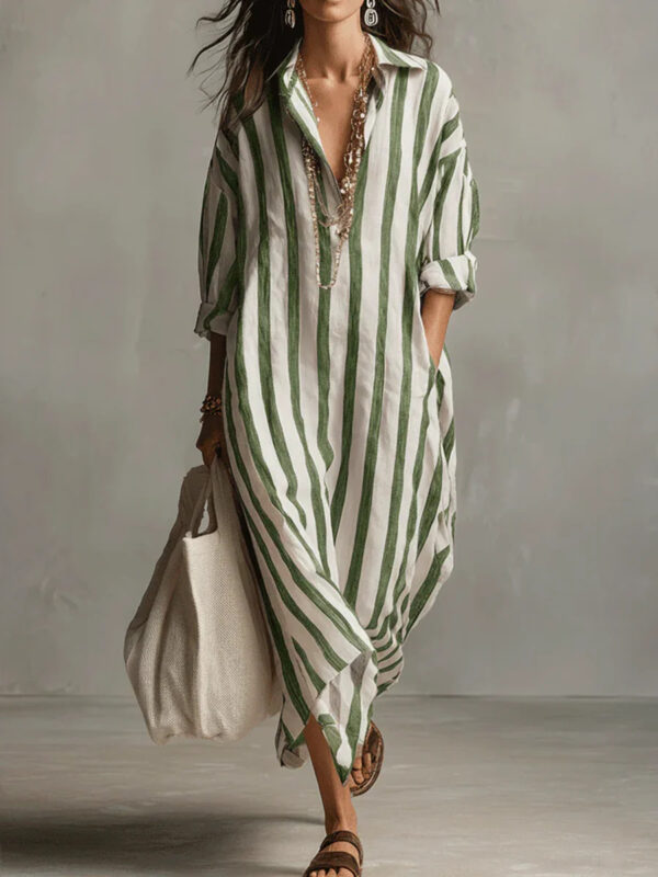 Polyester Fashion Loose V-neck Long Striped Summer Shirt Dress