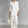 Cotton blend fabric Simple Button Collar Long-Sleeved Long Dress
