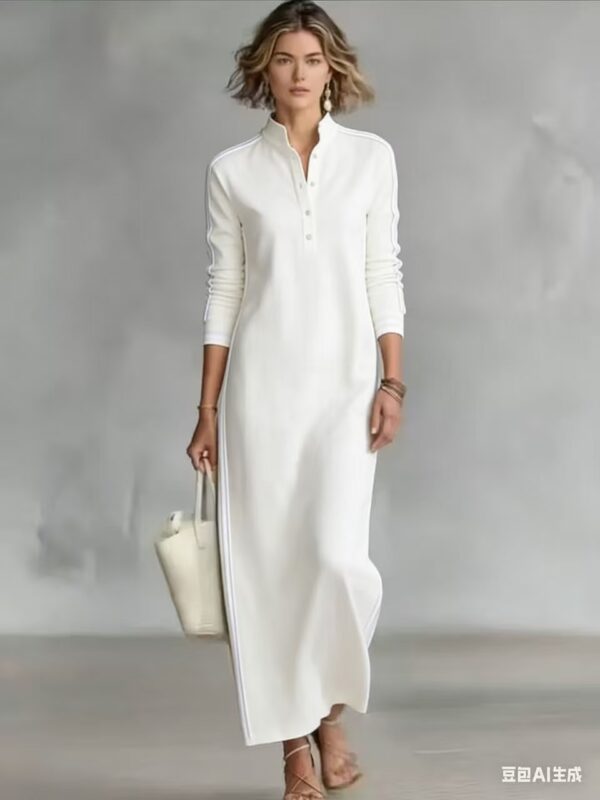 Cotton blend fabric Simple Button Collar Long-Sleeved Long Dress