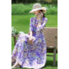 Cotton And Linen Floral Collar Loose Waist Slimming Look Mid-Sleeve Mid-Length Dress