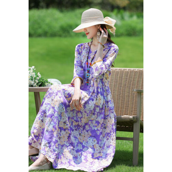 Cotton And Linen Floral Collar Loose Waist Slimming Look Mid-Sleeve Mid-Length Dress