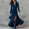 Suede Fabric Slim-Fit Zipper Stand-Up Collar Slit Long Dress