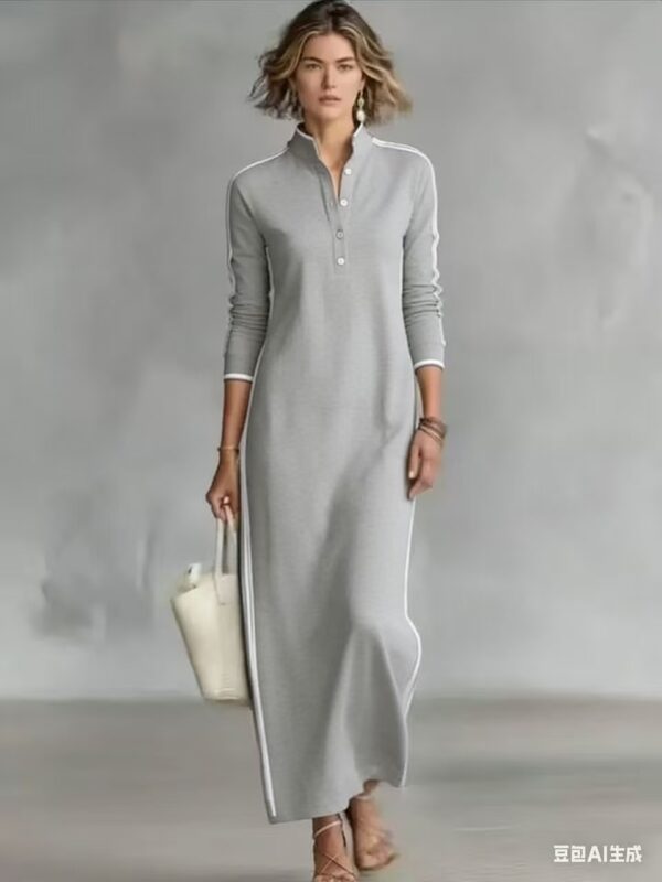 Cotton blend fabric Simple Button Collar Long-Sleeved Long Dress