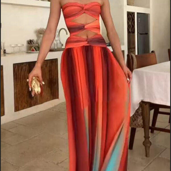 Gradient Color Casual Dress Vacation Travel Fashion Long Skirt Hollow Out Backless Mid Waist Polyester Spring Summer