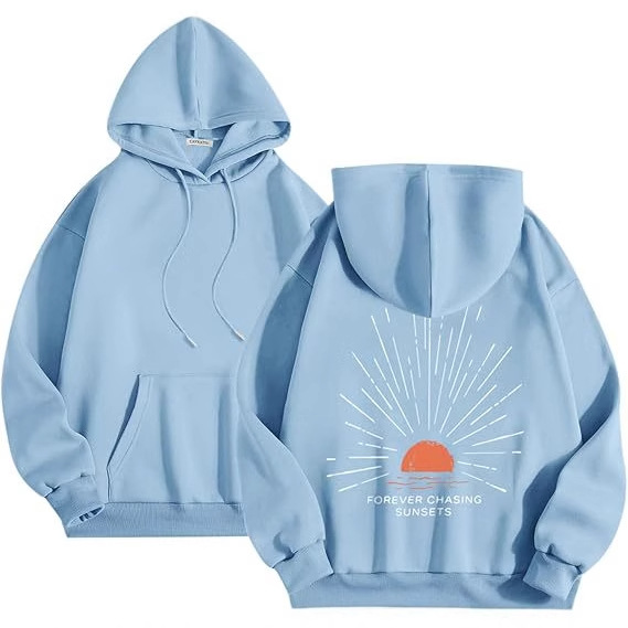 Polyester Printed Hoode Women's Fleece Sweatshirt With Sunset Print, Kangaroo Pocket, Drawstring