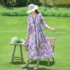 Cotton And Linen Floral Collar Loose Waist Slimming Look Mid-Sleeve Mid-Length Dress