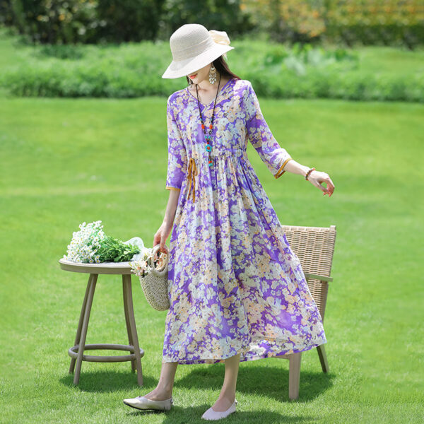 Cotton And Linen Floral Collar Loose Waist Slimming Look Mid-Sleeve Mid-Length Dress