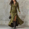 Suede Fabric Slim-Fit Zipper Stand-Up Collar Slit Long Dress