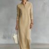 Cotton blend fabric Simple Button Collar Long-Sleeved Long Dress