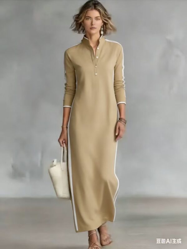 Cotton blend fabric Simple Button Collar Long-Sleeved Long Dress