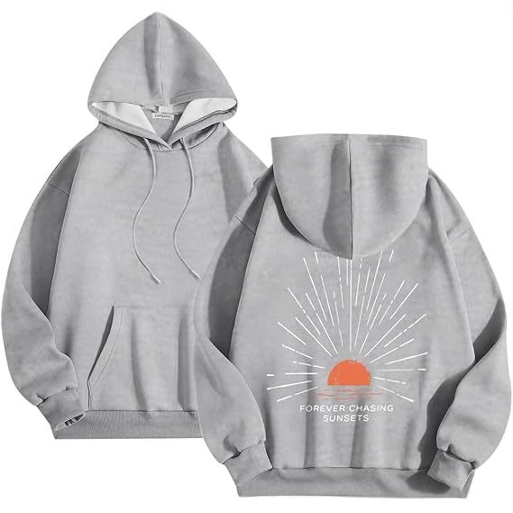 Polyester Printed Hoode Women's Fleece Sweatshirt With Sunset Print, Kangaroo Pocket, Drawstring