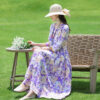 Cotton And Linen Floral Collar Loose Waist Slimming Look Mid-Sleeve Mid-Length Dress